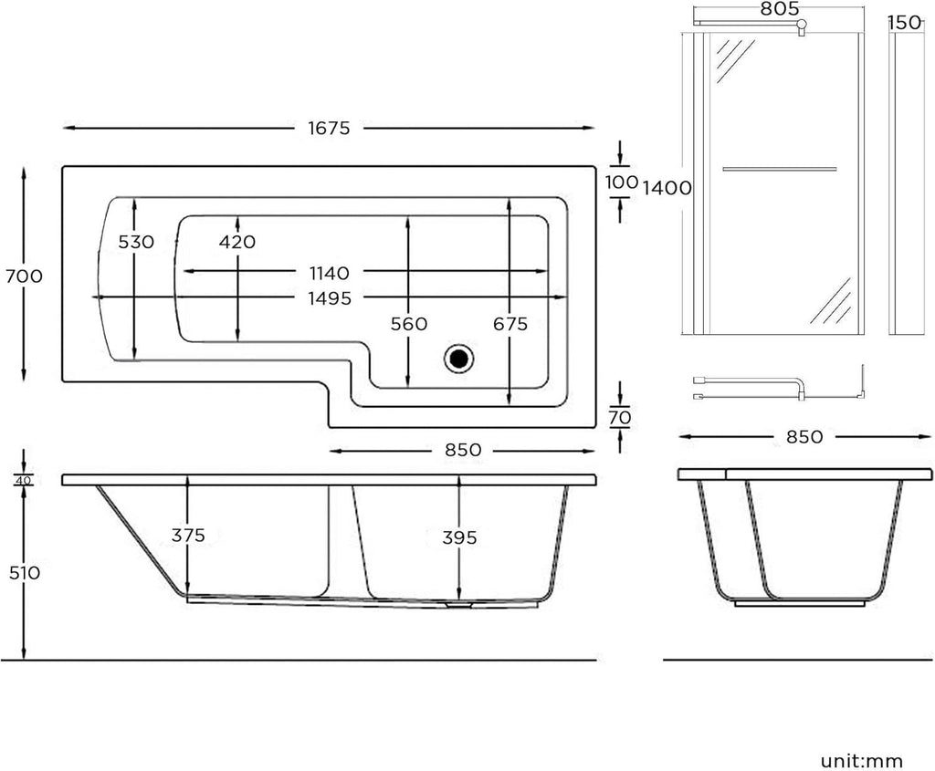iBathUK Zenvy Right Hand L-Shaped Bath, 6mm Glass Shower Screen, Rail & Front Panel Included, L Shaped Bath Screen, 1500x850mm