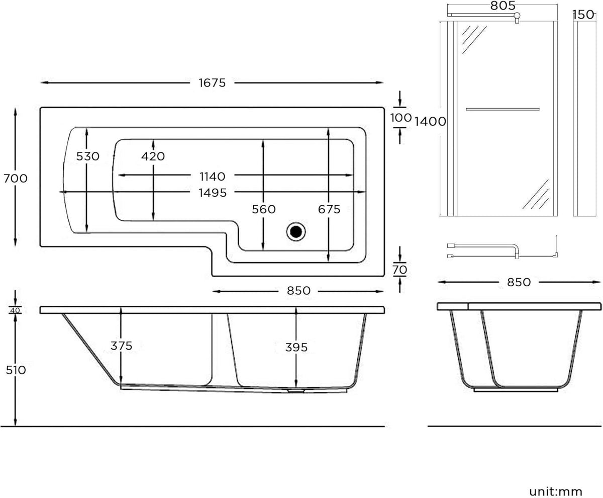 iBathUK Zenvy Right Hand L-Shaped Bath, 6mm Glass Shower Screen, Rail & Front Panel Included, L Shaped Bath Screen, 1500x850mm