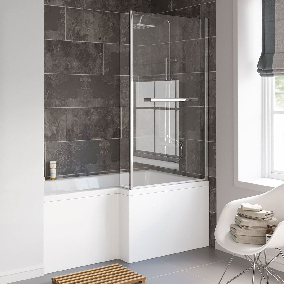 iBathUK Zenvy Right Hand L-Shaped Bath, 6mm Glass Shower Screen, Rail & Front Panel Included, L Shaped Bath Screen, 1500x850mm