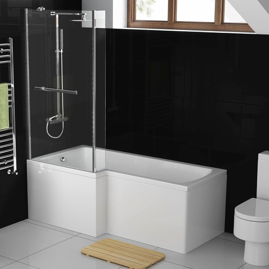 iBathUK Vault Left Hand L-Shaped Shower Bath, Modern Straight Acrylic Bathtub with Toughened Glass Shower Screen, L Shaped Bath Screen, 1700mm