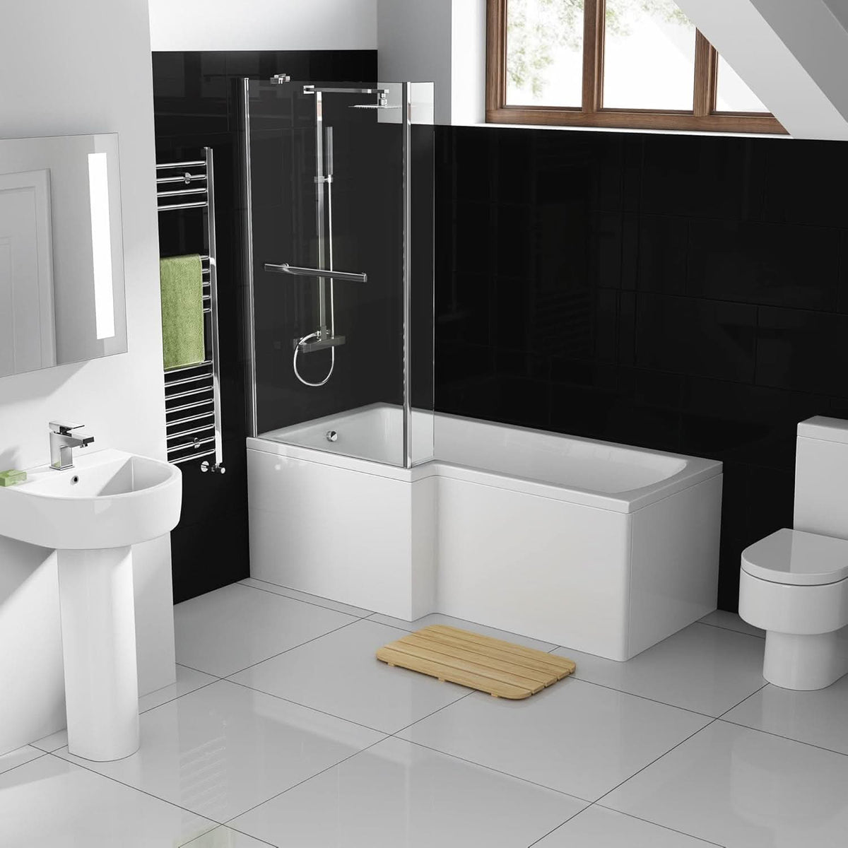 iBathUK Trace Left Hand L-Shaped Shower Bath, Modern Straight Acrylic Bathtub with Glass Screen & Matching Front Panel, L Shaped Bath Screen, 1700mm