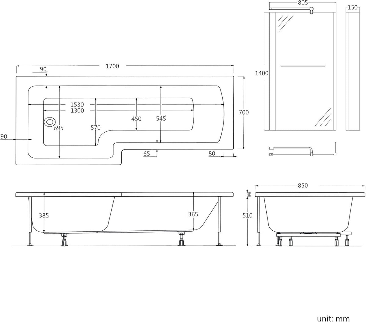 iBathUK Trace Left Hand L-Shaped Shower Bath, Modern Straight Acrylic Bathtub with Glass Screen & Matching Front Panel, L Shaped Bath Screen, 1700mm