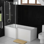 iBathUK Trace Left Hand L-Shaped Shower Bath, Modern Straight Acrylic Bathtub with Glass Screen & Matching Front Panel, L Shaped Bath Screen, 1700mm