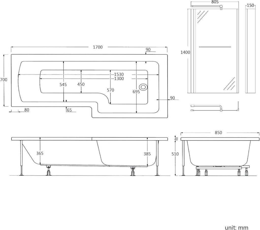 iBathUK Trace Right Hand L-Shaped Shower Bath, Modern Straight Acrylic Bathtub with Glass Screen & Matching Front Panel, L Shaped Bath Screen, 1700mm