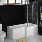 iBathUK Trace Right Hand L-Shaped Shower Bath, Modern Straight Acrylic Bathtub with Glass Screen & Matching Front Panel, L Shaped Bath Screen, 1700mm