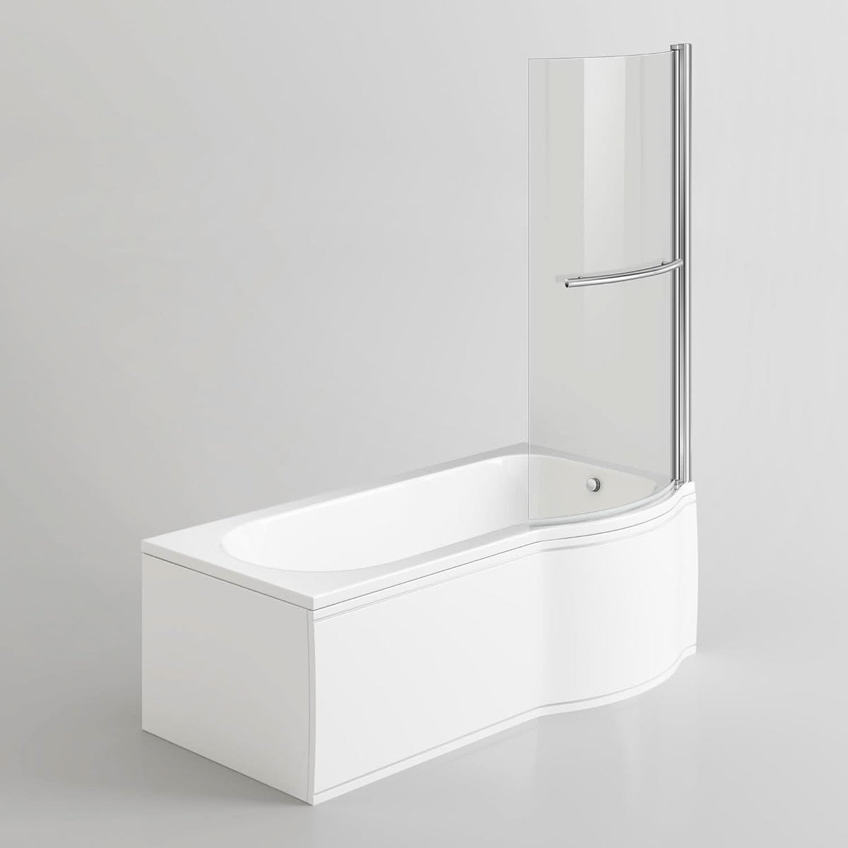 iBathUK Solna P-Shaped Shower Bath Set, Modern Acrylic Bathtub with 6mm Glass Screen, P Shaped Bathtub Panel, Chrome Rail & Matching Front Panel