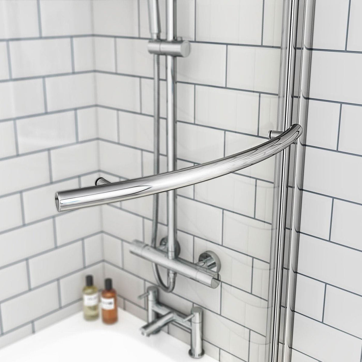 iBathUK Solna P-Shaped Shower Bath Set, Modern Acrylic Bathtub with 6mm Glass Screen, P Shaped Bathtub Panel, Chrome Rail & Matching Front Panel
