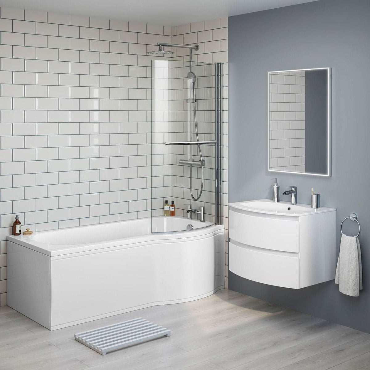 iBathUK Solna P-Shaped Shower Bath Set, Modern Acrylic Bathtub with 6mm Glass Screen, P Shaped Bathtub Panel, Chrome Rail & Matching Front Panel