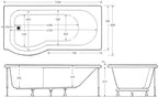 iBathUK Trena Left Hand P-Shaped Shower Bath, Modern Acrylic Bathtub with Glass Screen & Matching Side Panel, P Shaped Bathtub Panel, 1500mm
