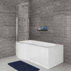 iBathUK Trena Left Hand P-Shaped Shower Bath, Modern Acrylic Bathtub with Glass Screen & Matching Side Panel, P Shaped Bathtub Panel, 1500mm