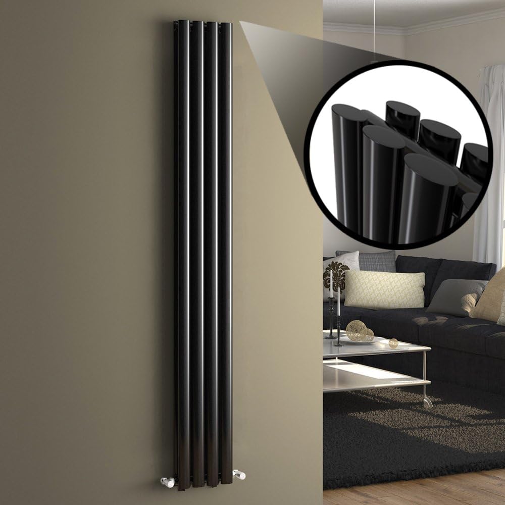 iBathUK Strata Vertical Column Radiator, Black Oval Double Panel Designer Radiator for Modern Heating, 1800 x 240 mm