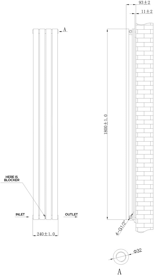 iBathUK Strata Vertical Column Radiator, Black Oval Double Panel Designer Radiator for Modern Heating, 1800 x 240 mm
