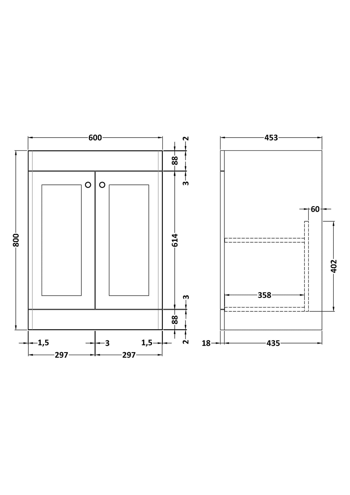 Hudson Reed Classique Components Floor Standing 2-Door Vanity Unit, Stylish Single Vanity Unit with Soft Close Doors, Satin Grey, 600mm
