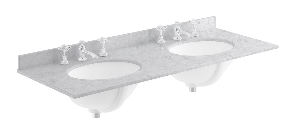 Old London Wall Mounted Double Bowl Marble Top Basin 3 Tap Hole, Twin Ceramic Wash Basins for Bathroom, Durable Bathroom Furniture in Premium Grey Finish, 1200mm