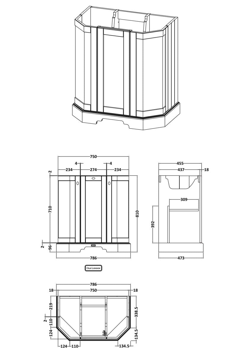 Old London Floor Standing Angled 3 Door Vanity Unit with Ceramic Basin, Traditional Bathroom Sink Cabinet in Storm Grey, 600mm