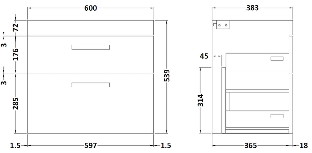 Hudson Reed Athena Wall Hung Vanity Unit, Durable Soft Close 2-Door, Modern Bathroom Cabinet Storage in Gloss Grey, 600mm