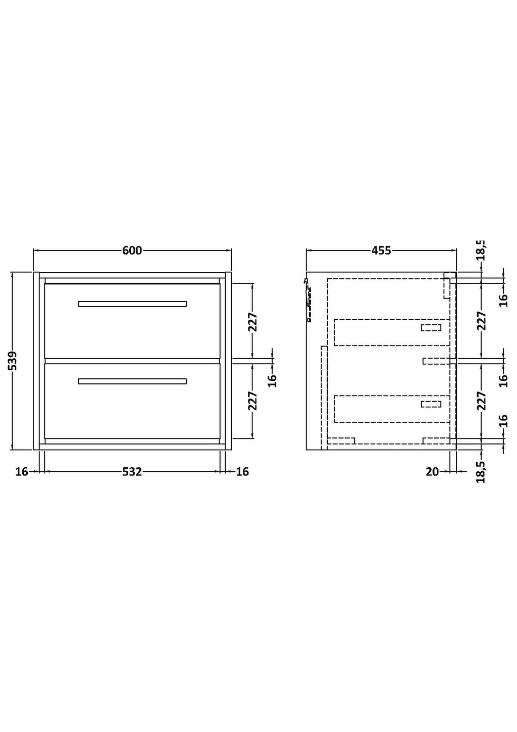 Hudson Reed Lille Wall Hung Double Drawer Vanity Unit, Durable Soft Close Drawer for Modern Bathroom Furniture in Graphite Grey Woodgrain Textured Finish, 600mm