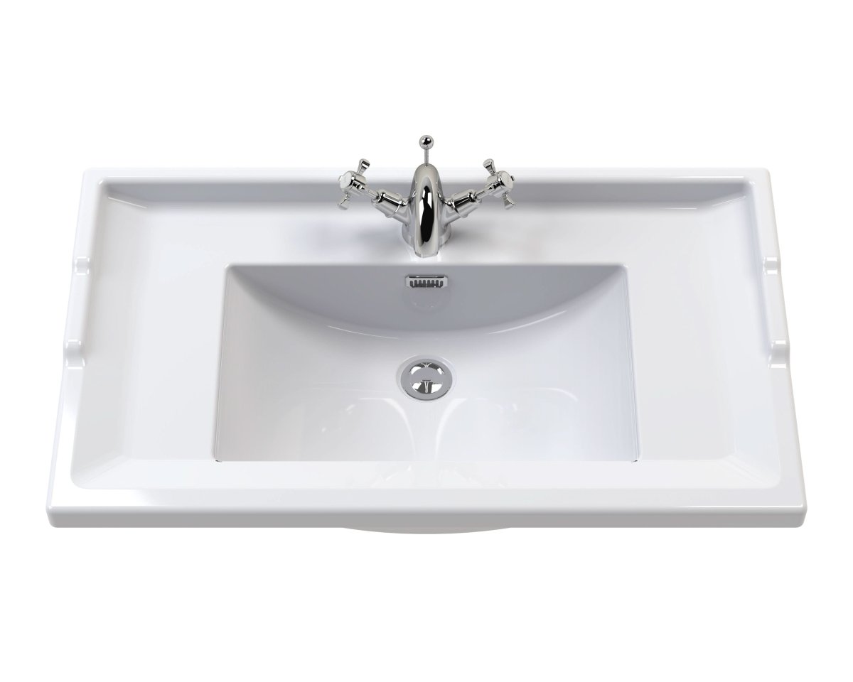 Old London Traditional 1 Tap Hole Wash Basin, Durable Ceramic Angular Sink Bowl for Compact Bathroom in White Finish, 800mm