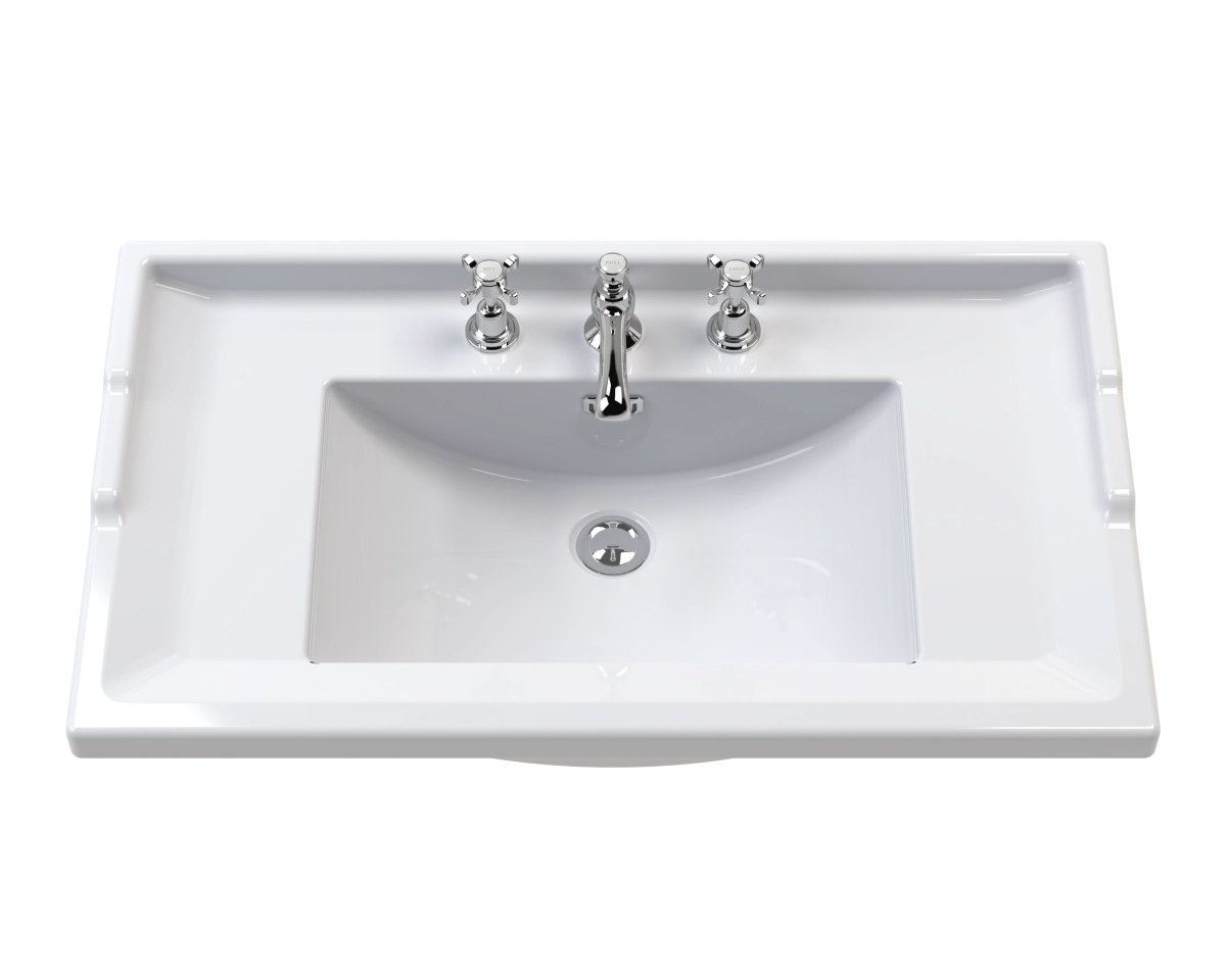 Old London Traditional 3 Tap Hole Wash Basin, Durable Ceramic Angular Sink Bowl for Compact Bathroom in White Finish, 600mm