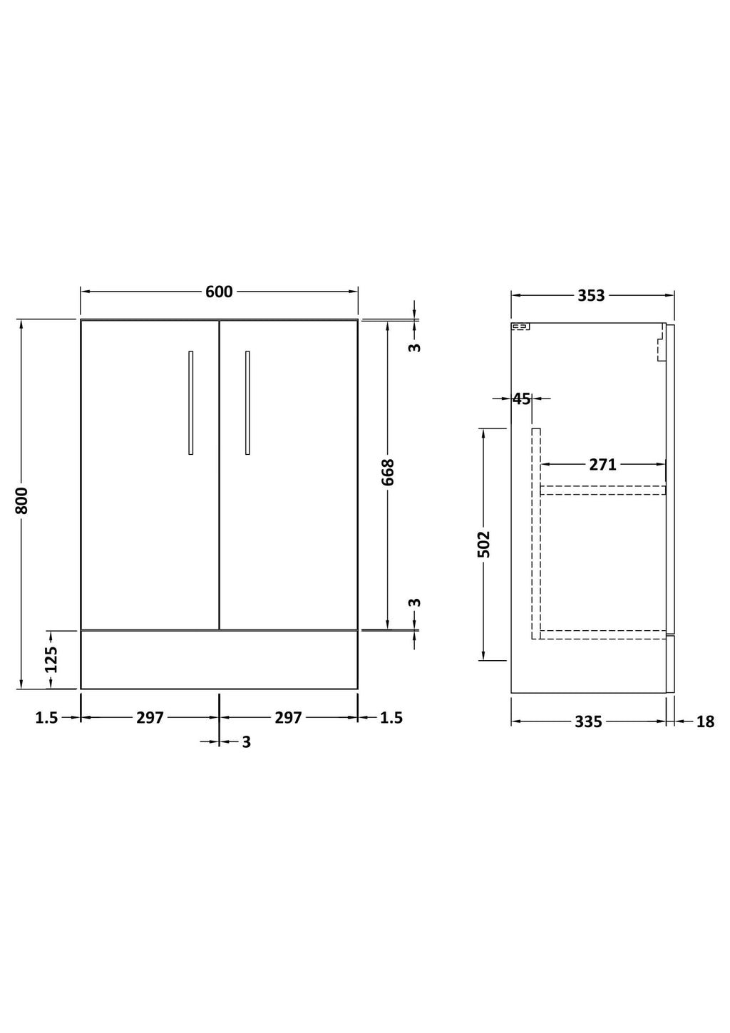 Hudson Reed Arno Compact Floor Standing Vanity Unit, Durable 2 Soft Close Door Bathroom Vanity Unit with Shelf in Soft Black, 600mm