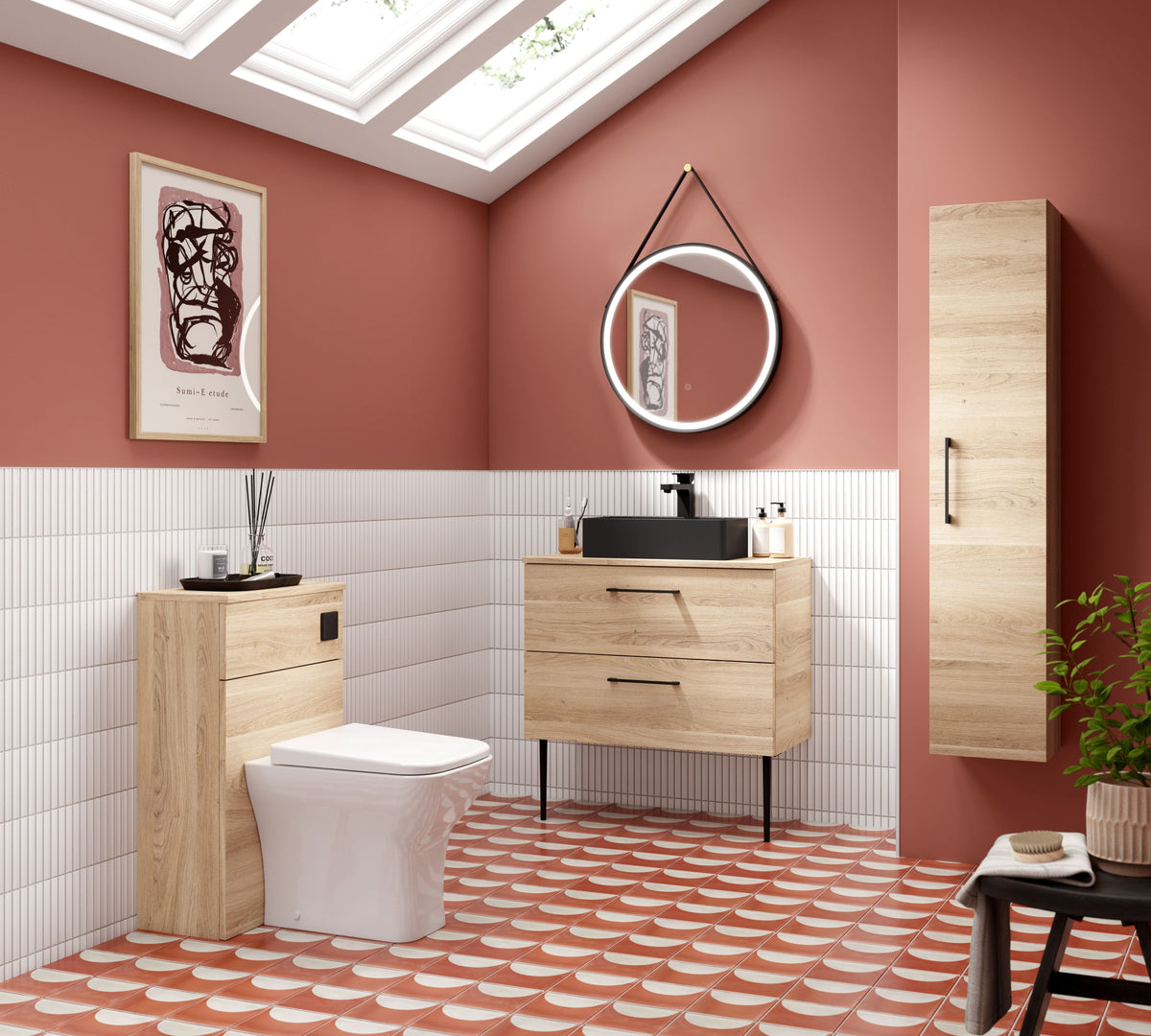 Hudson Reed Arno Wall Hung Vanity Unit, Durable 2 Soft Close Door Bathroom Sink Vanity Unit with Shelf in Bleached Oak, 800mm