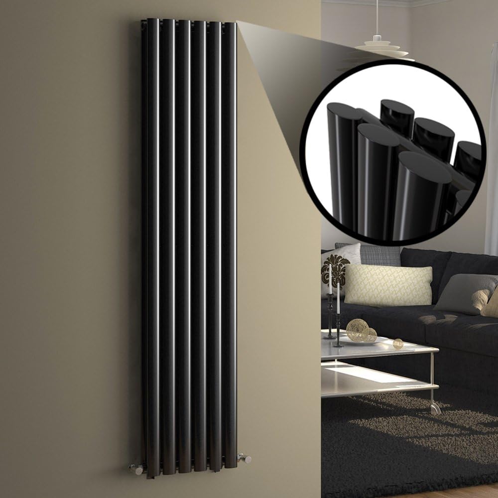 iBathUK Strata Vertical Column Radiator, Oval Double Panel Heater, Slim Designer Radiator for Modern UK Interiors, Black, 1600 x 360 mm