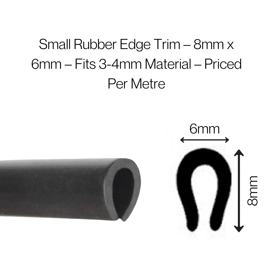 TSEC 1B Small EPDM Black Solid Edge Trim 8mm x 6mm Fits 3-4 Material - Priced per Metre