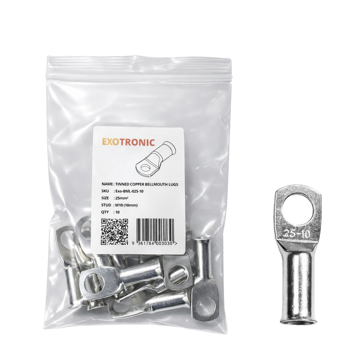 10 Pack of Exotronic 25mm² Copper Lug M10 | Bellmouth