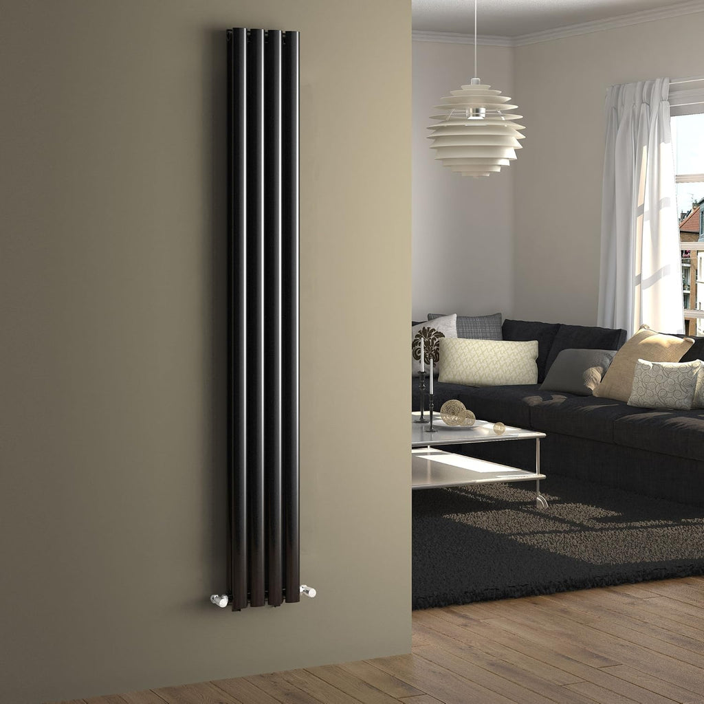 iBathUK Strata Vertical Column Radiator, Black Oval Double Panel Designer Radiator for Modern Heating, 1800 x 240 mm