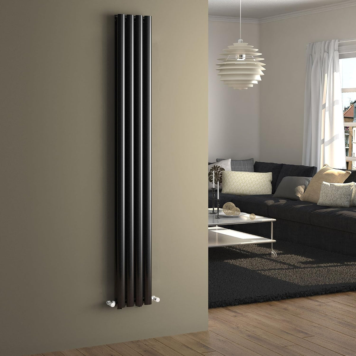 iBathUK Strata Vertical Column Radiator, Black Oval Double Panel Designer Radiator for Modern Heating, 1800 x 240 mm