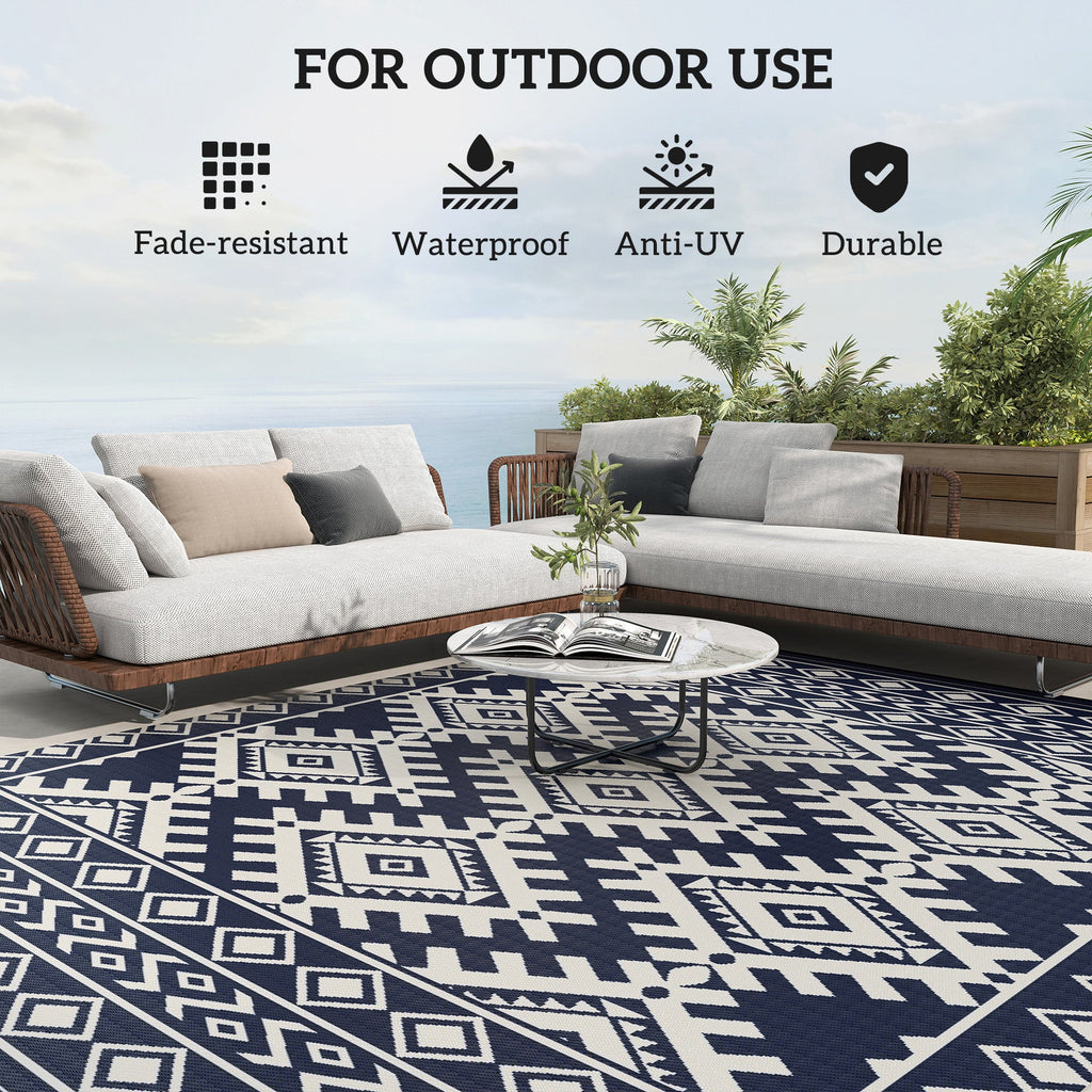 8' x 10' Reversible Waterproof Outdoor Rug, Plastic Straw with Blue & White Rhombus Border