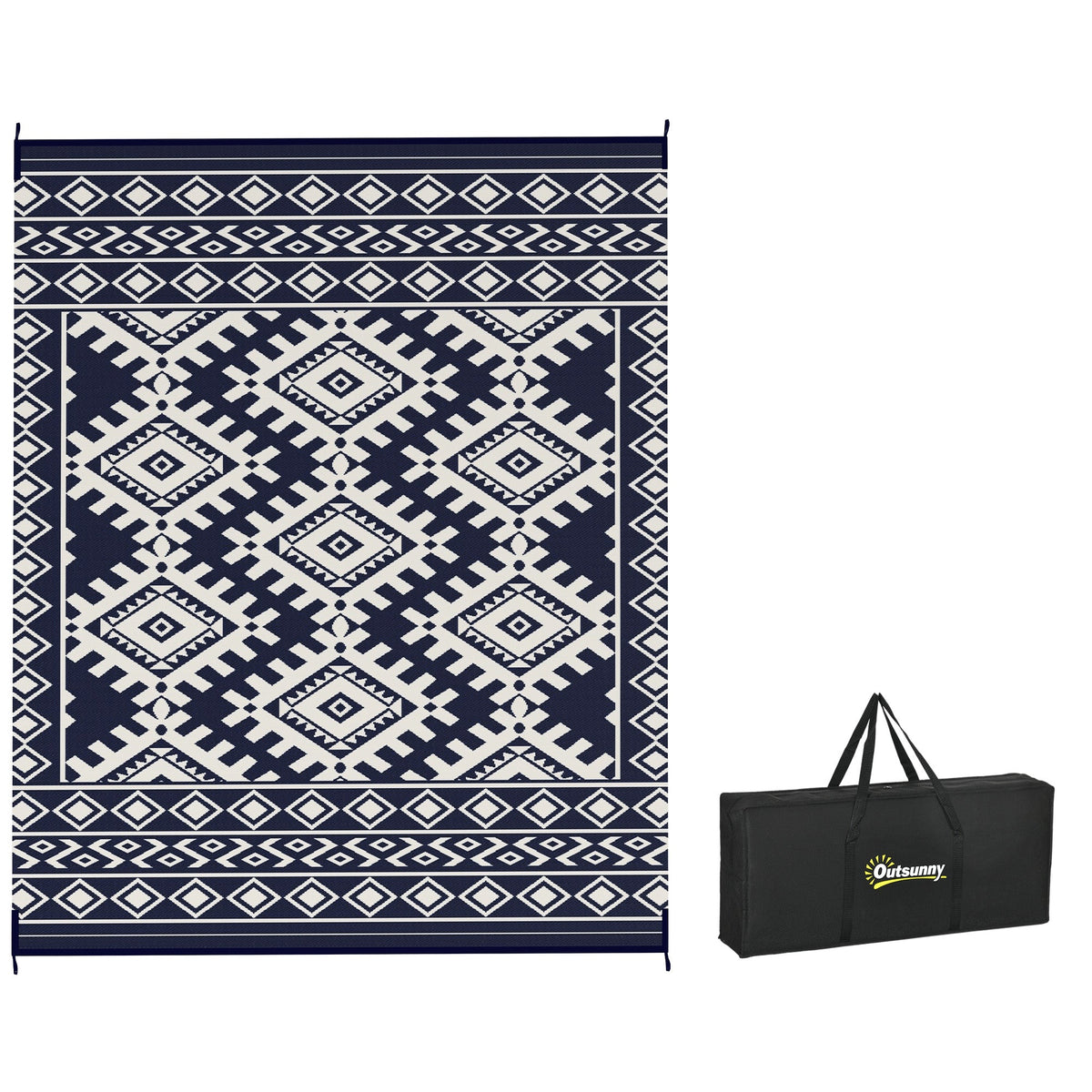 8' x 10' Reversible Waterproof Outdoor Rug, Plastic Straw with Blue & White Rhombus Border
