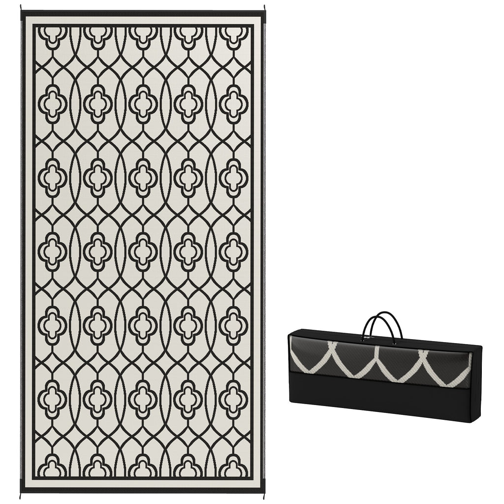 9' x 18' Reversible Outdoor Rug Waterproof Plastic Straw with Carry Bag Black & White Lantern