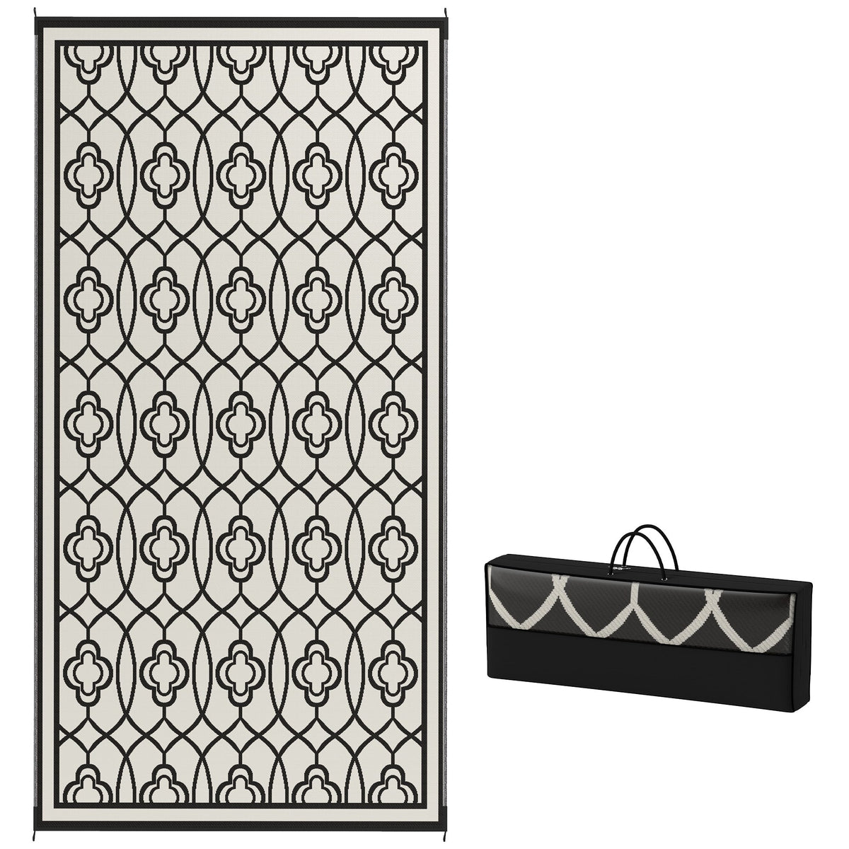 9' x 18' Reversible Outdoor Rug Waterproof Plastic Straw with Carry Bag Black & White Lantern