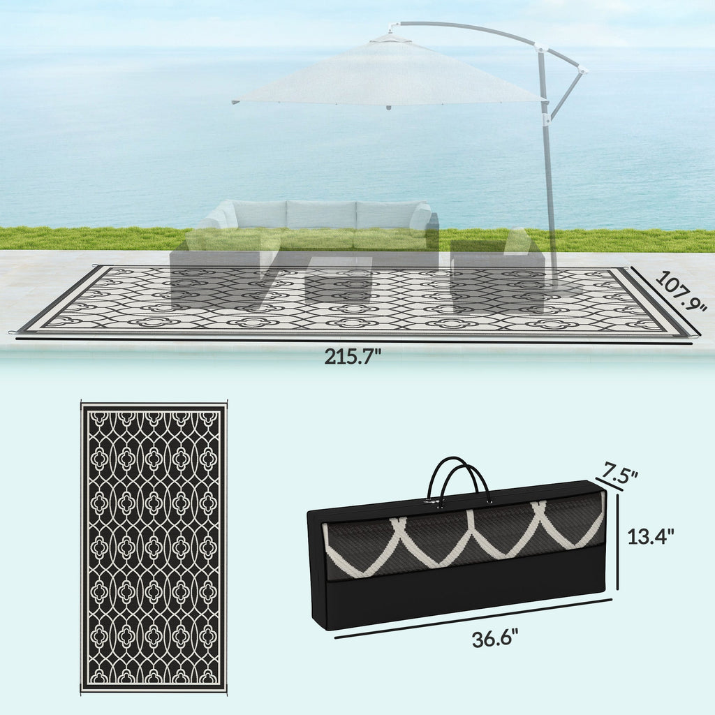 9' x 18' Reversible Outdoor Rug Waterproof Plastic Straw with Carry Bag Black & White Lantern