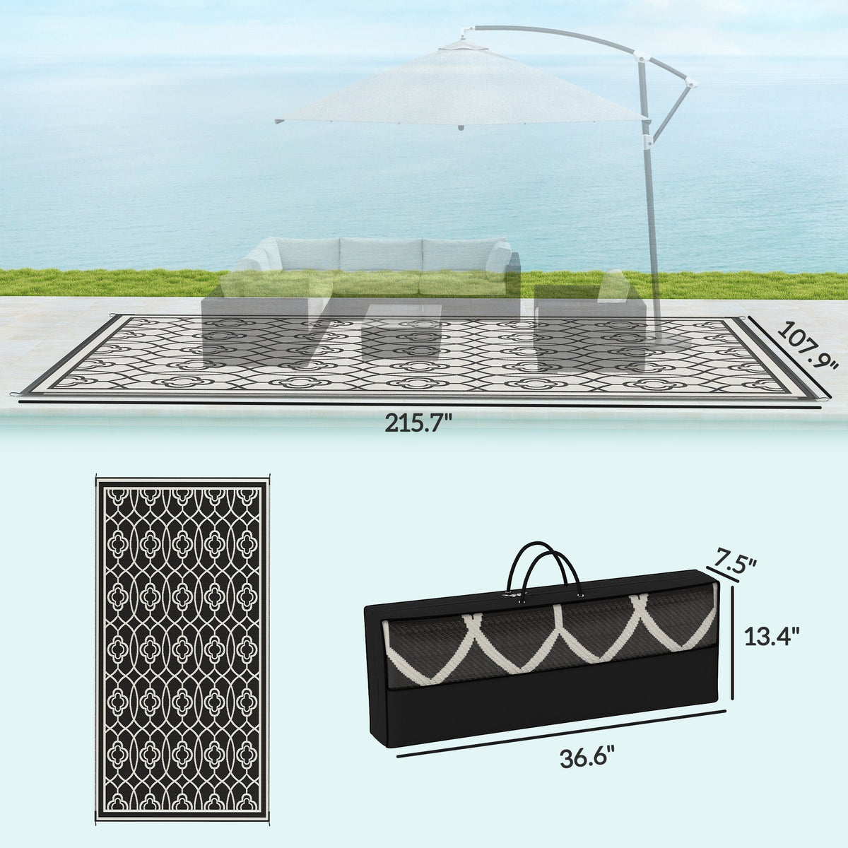 9' x 18' Reversible Outdoor Rug Waterproof Plastic Straw with Carry Bag Black & White Lantern