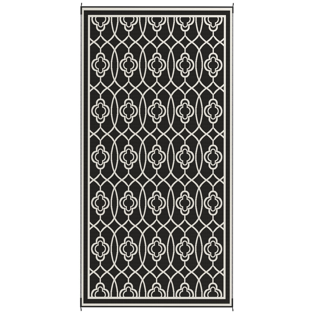 9' x 18' Reversible Outdoor Rug Waterproof Plastic Straw with Carry Bag Black & White Lantern