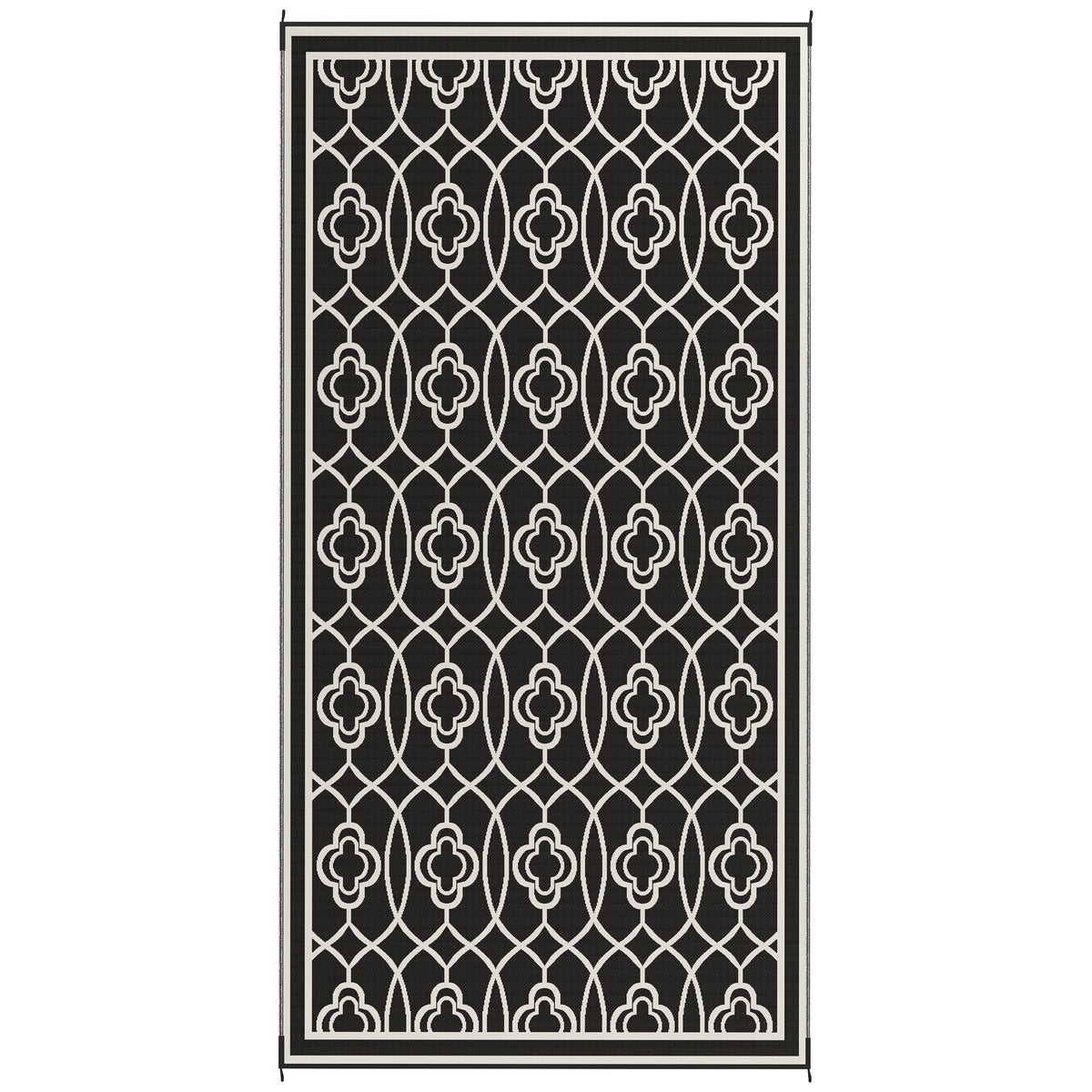9' x 18' Reversible Outdoor Rug Waterproof Plastic Straw with Carry Bag Black & White Lantern