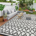 9' x 18' Patio Reversible Outdoor RV Rug with Carry Bag, Lantern, White & Black