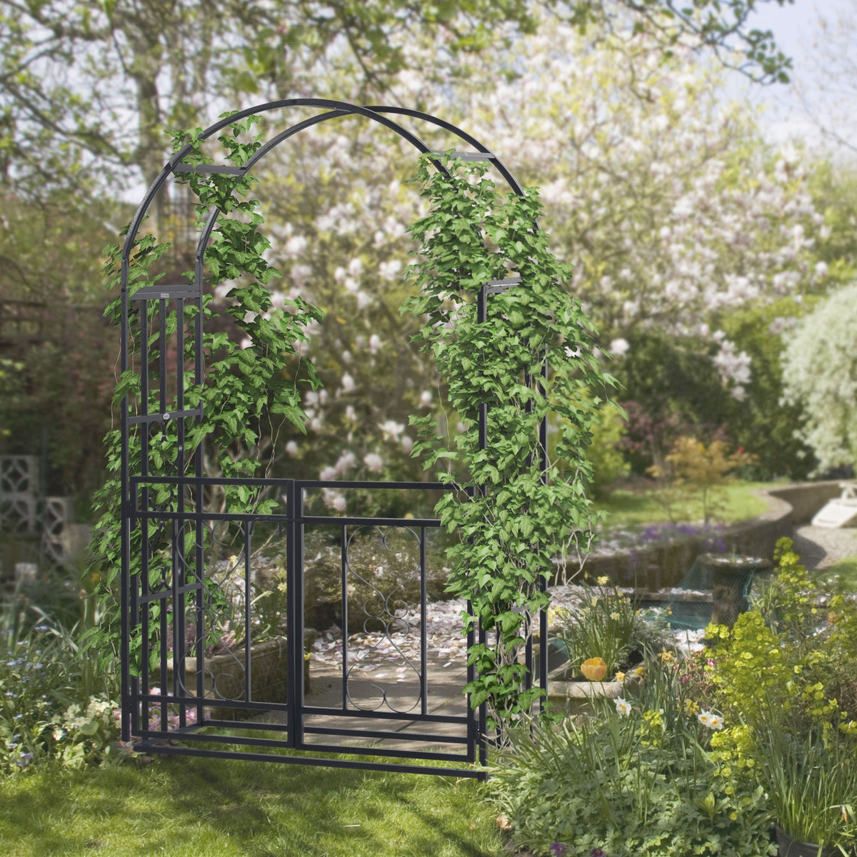 81" Metal Garden Arbor with Double Doors, Locking Gate, Vine Frame & Heart Motifs, Grey