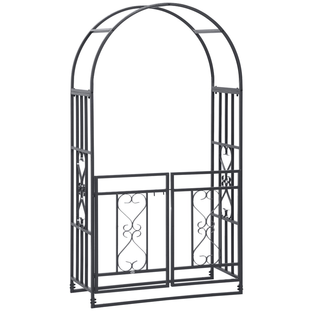 81" Metal Garden Arbor with Double Doors, Locking Gate, Vine Frame & Heart Motifs, Grey