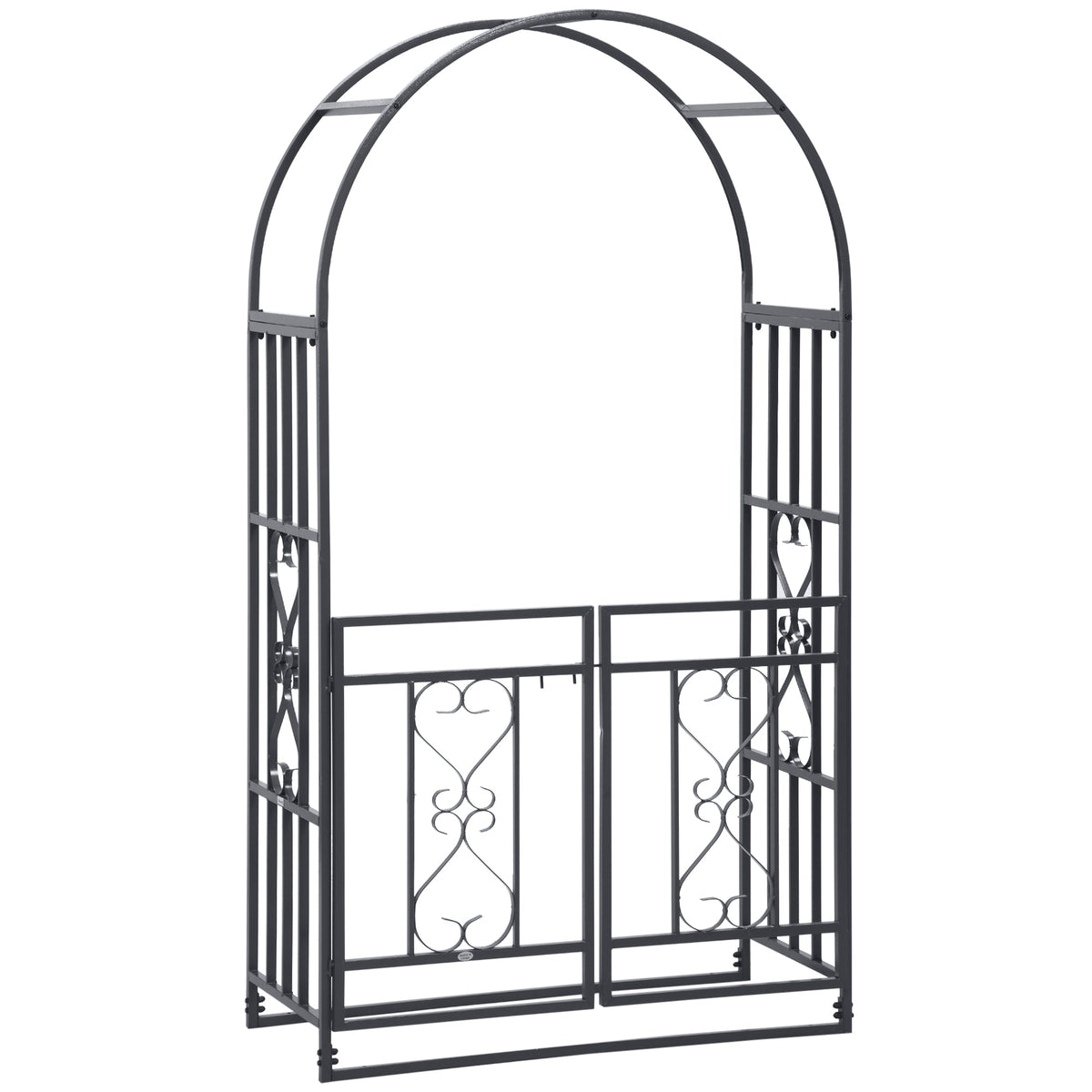 81" Metal Garden Arbor with Double Doors, Locking Gate, Vine Frame & Heart Motifs, Grey