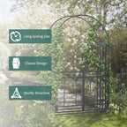 81" Metal Garden Arbor with Double Doors, Locking Gate, Vine Frame & Heart Motifs, Grey