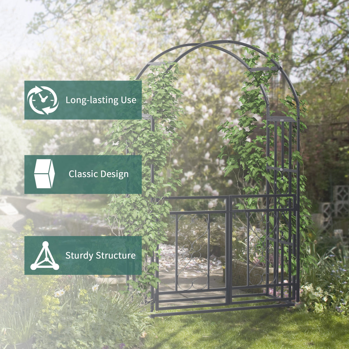 81" Metal Garden Arbor with Double Doors, Locking Gate, Vine Frame & Heart Motifs, Grey