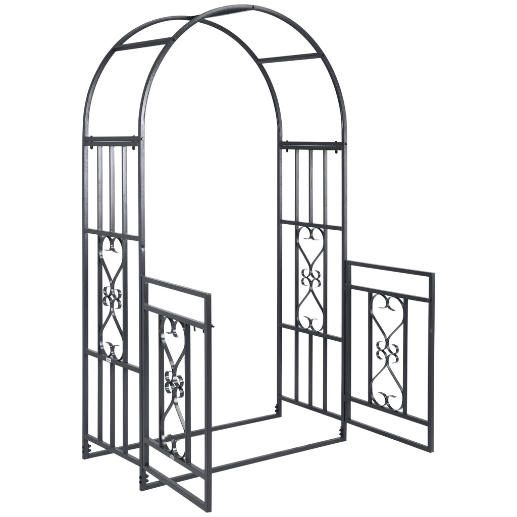 81" Metal Garden Arbor with Double Doors, Locking Gate, Vine Frame & Heart Motifs, Grey