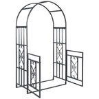 81" Metal Garden Arbor with Double Doors, Locking Gate, Vine Frame & Heart Motifs, Grey