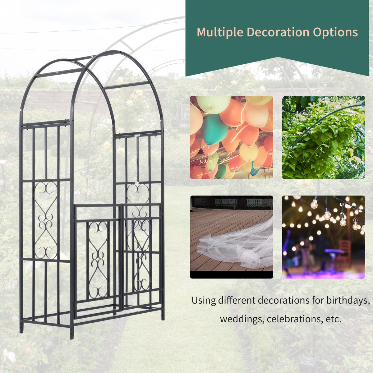 81" Metal Garden Arbor with Double Doors, Locking Gate, Vine Frame & Heart Motifs, Grey
