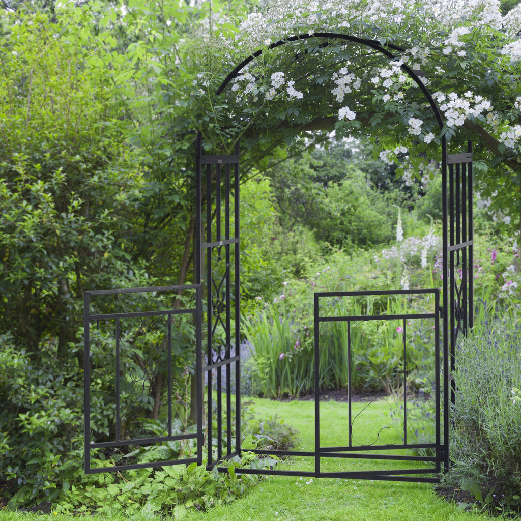 81" Metal Garden Arbor with Double Doors, Locking Gate, Vine Frame & Heart Motifs, Grey