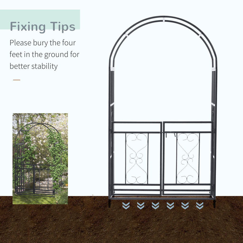 81" Metal Garden Arbor with Double Doors, Locking Gate, Vine Frame & Heart Motifs, Grey
