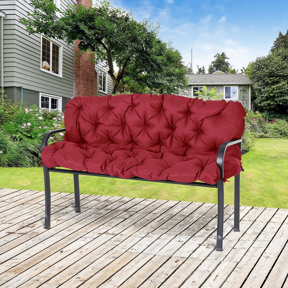 59"x38" Tufted Bench Cushion for 3-Seater Outdoor Furniture, Wine Red